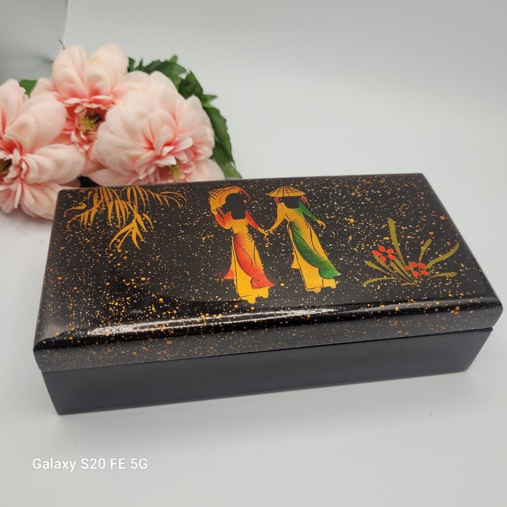 Vintage Asian Lacquer Black Trinket Box Hinged Women Walking Hand Painted